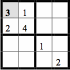 4x4 grid with 6 cells filled with numbers