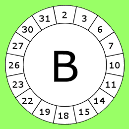 The letter B with a circle         of 16 numbers around it.